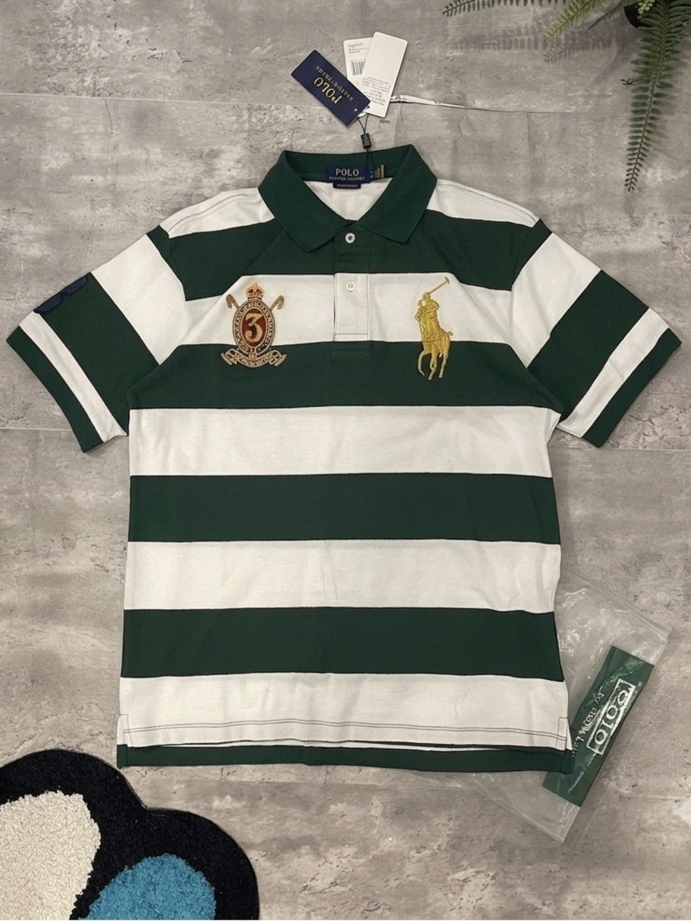 Polo Ralph Lauren Big Pony Striped Rugby Polo Shirt Green White Mens Medium